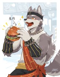 1boy animal_ears artist_name bead_necklace beads burger claws fangs food furry furry_male hashtag-only_commentary headband highres holding holding_burger holding_food i_lokey jewelry looking_at_food male_focus necklace open_mouth signature tail tail_wagging threefold_recital translation_request triratna_(threefold_recital) wolf_boy wolf_ears wolf_tail