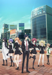 10s 1boy 6+girls absurdres arimura_hinae arm_behind_back bag belt black_eyes black_hair black_skirt black_socks blonde_hair blouse blue_eyes blue_hair bow bowtie brand_name_imitation brown_hair building chaos;child collarbone day floating_hair full_body gero_kaerun glasses hair_between_eyes hair_ribbon hand_in_own_hair hand_in_pocket hands_on_own_hips highres kazuki_hana key_visual kneehighs kunosato_mio kurusu_nono lab_coat leg_up long_hair looking_at_viewer looking_back miniskirt miyashiro_takuru multiple_girls necktie official_art onoe_serika orange_hair outdoors pantyhose ponytail promotional_art red_bow red_eyes red_hair red_necktie red_ribbon ribbon shibuya_(tokyo) shirt short_hair_with_long_locks side_ponytail sidelocks silver_link skirt socks standing sweater thighhighs tokyo_(city) traffic_light twintails very_long_hair white_legwear white_ribbon white_shirt yamazoe_uki zettai_ryouiki