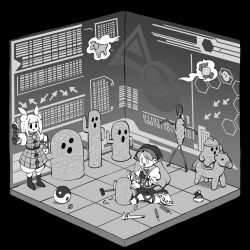 2girls :o armor arrow_(symbol) binary blunt_bangs boots carving commentary_request double_bun dress full_body greyscale hair_bun hammer haniwa_(statue) haniyasushin_keiki headscarf highres imijikumo36 indoors isometric jewelry joutouguu_mayumi knife long_hair magatama magatama_necklace mallet monochrome multiple_girls necklace open_mouth orb point_item_(touhou) sandals short_hair single_strap sitting standing statue tools touhou triangle_mouth v-shaped_eyebrows wrench yin_yang yin_yang_orb