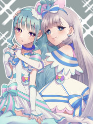 2girls aqua_hair aqua_hairband aqua_hat aqua_shoes aqua_thighhighs arm_warmers blue_bow blue_bowtie blue_choker blue_eyes blue_hairband blue_shoes blush bow bowtie brooch choker closed_mouth crown crown_earrings cure_lillian cure_nyammy dress earrings grey_hair hairband hat heart heart_brooch high_heels highres jewelry light_smile long_hair magical_girl mini_crown mini_hat mini_top_hat multiple_girls nekoyashiki_mayu nekoyashiki_yuki off-shoulder_dress off_shoulder open_mouth pearl_earrings precure purple_eyes shigen_pr shoes side_ponytail thighhighs top_hat white_dress white_thighhighs wonderful_precure!