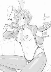 Rule 34 | 1girl, alcohol, animal ears, between breasts, breasts, collar, commentary, cup, drinking glass, eyewear on head, fake animal ears, fake tail, fingerless gloves, fukana miyu (kokuya28), glint, gloves, greyscale, heart, heart pasties, highres, holding, holding cup, kokuya (kokuya28), medium breasts, meme attire, monochrome, necktie, necktie between breasts, original, panties, pasties, rabbit ears, rabbit tail, reverse bunnysuit, reverse outfit, shrug (clothing), simple background, sitting, solo, sunglasses, symbol-only commentary, tail, thighhighs, underwear, wine, wine glass