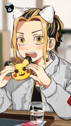 1boy animal_ears bell black_hair blonde_hair cat_boy cat_ears cup earrings grey_jacket hanemiya_kazutora holding jacket jewelry long_sleeves looking_at_viewer male_focus mole mole_under_eye multicolored_hair open_mouth ponytail shirt short_hair single_earring solo table tokyo_revengers tonshi tray two-tone_hair upper_body white_shirt yellow_eyes
