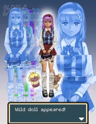 Rule 34 | 1girl, 2sad2sci, bag, black shoes, blue sweater vest, buneary, dark-skinned female, dark skin, dialogue box, english text, gen 2 pokemon, gen 4 pokemon, glitch, highres, holding, holding bag, kneehighs, long hair, looking at viewer, multiple views, nintendo, plaid clothes, plaid sweater vest, pokemon, pokemon (creature), purple eyes, purple hair, red skirt, school bag, shirt, shoes, skirt, smoochum, socks, sweater vest, white shirt, white socks