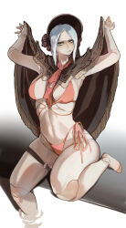 1girl absurdres ascot ascot_between_breasts bikini bloodborne bonnet breasts brooch doll_joints flower fringe_trim grey_eyes hair_flower hair_ornament hands_up highres jewelry joints medium_breasts miao_jiangyou navel o-ring o-ring_top plain_doll red_ascot shawl sidelocks simple_background single_bare_foot sitting solo swimsuit thigh_strap water white_hair