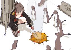 1girl aiguillette animal azur_lane black_jacket black_shorts boots bow breasts brown_hair cleavage closed_eyes closed_mouth cropped_jacket fire food gloves hair_between_eyes hair_bow half_gloves hatski.sin highres holding jacket jean_bart_(azur_lane) long_hair long_sleeves ponytail red_gloves short_shorts shorts single_thighhigh sleeve_cuffs solo squatting striped_clothes striped_thighhighs thighhighs vertical-striped_clothes vertical-striped_thighhighs