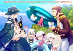 2boys abs ayamatazu bad_id bad_pixiv_id beard blonde_hair blue_eyes blush braid brown_hair dress edmond_dantes_(fate) edmond_dantes_(monte_cristo_selection)_(fate) epaulettes facial_hair fate/grand_order fate_(series) fedora glasses hat jack_the_ripper_(fate/apocrypha) jack_the_ripper_(summer_little)_(fate) jeanne_d&#039;arc_(fate) jeanne_d&#039;arc_alter_santa_lily_(fate) jeanne_d&#039;arc_alter_santa_lily_(summer_little)_(fate) long_hair long_sideburns long_sleeves male_focus multiple_boys multiple_girls napoleon_bonaparte_(fate) nursery_rhyme_(fate) nursery_rhyme_(summer_little)_(fate) open_clothes open_mouth pants pectorals scar short_hair sideburns smile summer_little very_long_hair wavy_hair white_hair yellow_eyes
