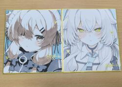 Rule 34 | 2girls, :&lt;, akikan sabako, animal ear fluff, animal ears, black bow, black choker, black jacket, black ribbon, blue background, blue necktie, blush, bow, brown eyes, brown hair, choker, closed mouth, collared shirt, crossed bangs, eyes visible through hair, green eyes, grey hair, hair between eyes, hair bow, hair flaps, hair ornament, hair over shoulder, hair ribbon, hairclip, heart, highres, jacket, long hair, looking at viewer, low twintails, mafuyu (vrchat), maid, maid headdress, marker (medium), multiple girls, necktie, parted lips, photo (medium), portrait, puffy sleeves, ribbon, rurune (vrchat), shikishi, shirt, sidelocks, signature, track jacket, traditional media, twintails, twitter username, upper body, vrchat, white hair, white shirt