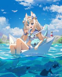 1girl :d ahoge animal_ear_fluff animal_ears bare_arms bare_legs barefoot blonde_hair blue_eyes blue_hair blue_nails blue_sailor_collar blue_sky cat_ears cloud commentary day dress english_commentary fang fins fish fish_girl fish_tail frilled_sailor_collar frills full_body highres indie_virtual_youtuber innertube_hair_ornament lighthouse long_hair looking_at_viewer low_twintails multicolored_hair nail_polish navel open_clothes open_dress open_mouth outdoors pantyhose pantyhose_under_shorts paper_boat ralph_alejandro sailor_collar sameko_saba scrunchie shorts sky sleeveless sleeveless_dress smile solo streaked_hair tail twintails twitter_username two-tone_hair virtual_youtuber water wrist_scrunchie
