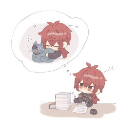 !? 1boy ^^^ animal animal_hug animalization antenna_hair bags_under_eyes black_coat black_gloves black_necktie black_shirt blush book brooch cat closed_eyes coat collared_shirt commentary_request crossed_bangs desk diluc_(genshin_impact) eyepatch fang genshin_impact gloves hair_between_eyes hair_intakes holding holding_pen hug hug_from_behind imagining inkwell jewelry kaeya_(genshin_impact) koma_(km_mmmk) lapels long_hair long_sleeves low_ponytail male_focus necktie one_eye_covered open_clothes open_coat open_mouth paper paper_stack pen ponytail purple_eyes red_eyes red_hair shirt short_necktie sidelocks simple_background sitting sleepy solo speech_bubble squeans surprised table thought_bubble vest white_background white_vest