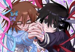Rule 34 | 2boys, :3, black-framed eyewear, black bow, black eyes, black hair, black serafuku, blue bow, blue hair, blue serafuku, bow, brown hair, chouzetsusaikawa tenshi-chan, chouzetsusaikawa tenshi-chan (cosplay), chouzetsusaikawa tenshi-chan (dark angel), cosplay, crossdressing, fang, glasses, hair bow, highres, holding hands, holographic clothing, long sleeves, looking at viewer, m8 6nn, male focus, multicolored hair, multiple boys, multiple hair bows, nail polish, pink bow, pink hair, purple bow, quad tails, randal&#039;s friends, randal ivory, red hair, school uniform, serafuku, smile, tsukada satoru