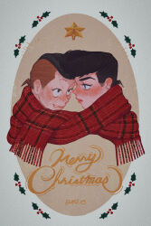 Rule 34 | 2023, 2boys, black hair, blue eyes, blush, brown eyes, diamond wa kudakenai, earrings, facial mark, film grain, higashikata josuke, highres, jewelry, jojo no kimyou na bouken, looking at another, low ponytail, male focus, merry christmas, mistletoe, multicolored hair, multiple boys, nijimura okuyasu, parted lips, pearl earrings, plaid clothes, plaid scarf, pompadour, ponytail, red lips, red scarf, scarf, shared clothes, shared scarf, short ponytail, smile, t 0nd, two-tone hair, yaoi