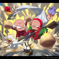 1boy 3girls bird black_pants bomb cologne_(ranma_1/2) double_bun duck explosive floral_print gossan grey_hair hair_bun happosai highres long_hair mousse_(duck)_(ranma_1/2) multiple_girls old old_man old_woman orange_shirt p-chan pants pig pink_pants pink_shirt pink_shoes purple_hair ranma-chan ranma_1/2 red_hair shampoo_(ranma_1/2) shirt shoes sweatdrop wide_sleeves