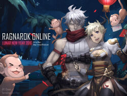 1boy 1girl 2016 alternate_color arch_bishop_(ragnarok_online) artist_name belt belt_pouch black_belt black_gloves black_horns black_thighhighs blonde_hair blue_eyes breasts brown_dress brown_sash chinese_zodiac cleavage_cutout clothing_cutout commentary cowboy_shot crop_top cross dress english_commentary firecrackers gloves hair_between_eyes hair_over_one_eye highres hongbao horns juliet_sleeves lantern long_bangs long_sleeves minyidesign monkey night open_mouth outdoors palm_tree paper_lantern pointy_ears pouch puffy_sleeves ragnarok_online ranger_(ragnarok_online) red_scarf scarf shirt short_hair sleeveless sleeveless_shirt small_breasts smile thighhighs tree two-tone_dress v-shaped_eyebrows watermark web_address white_dress white_hair white_shirt year_of_the_monkey yellow_eyes yoyo_(ragnarok_online)