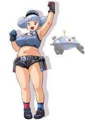 Rule 34 | 1girl, :d, absurdres, arm up, armpits, asymmetrical gloves, asymmetrical legwear, blue eyes, blue hair, breasts, cleavage cutout, clothing cutout, creature and personification, double bun, full body, gen 4 pokemon, gloves, hair bun, hat, heterochromia, highres, large breasts, letro, magnet, magnezone, muffin top, navel, nintendo, open mouth, personification, plump, pokemon, pokemon (creature), red eyes, short shorts, shorts, skindentation, smile, standing