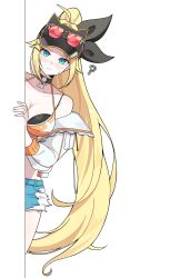 1girl ? absurdres ahoge bare_shoulders bikini black_bikini black_choker black_survival blonde_hair blue_eyes blue_shorts breasts choker cleavage collarbone dalgam12 denim denim_shorts eternal_return:_black_survival hair_ribbon halterneck highres jacket large_breasts layered_bikini long_hair looking_at_viewer nicky_blake nicky_blake_(beachside) off_shoulder official_alternate_costume orange_bikini peeking_out ribbon shorts solo string_bikini sweatdrop swimsuit torn_clothes torn_shorts v-shaped_eyebrows very_long_hair visor_cap white_jacket