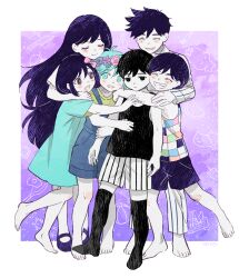 2girls 4boys :d ^_^ antenna_hair aqua_dress aqua_eyes aqua_hair arms_at_sides aubrey_(headspace)_(omori) aubrey_(omori) bare_arms bare_shoulders barefoot basil_(headspace)_(omori) basil_(omori) black_eyes black_hair black_socks black_tank_top blue_flower blue_overalls blue_rose blush border bow bright_pupils brother_and_sister brothers brown_eyes checkered_clothes closed_eyes closed_mouth colored_skin commentary_request double-parted_bangs dress empty_eyes flower flower_wreath full_body green_shirt grin group_hug hair_behind_ear hair_between_eyes hair_bow hatching_(texture) head_wreath hero_(headspace)_(omori) hero_(omori) highres hug kel_(headspace)_(omori) kel_(omori) leaf long_sleeves lower_teeth_only mari_(headspace)_(omori) mari_(omori) mary_janes mewo mr._plantegg_(omori) multiple_boys multiple_girls nekoiktk no_pupils no_shoes omori omori_(omori) open_mouth outside_border overall_shorts overalls pants pink_bow pink_flower pink_rose purple_background purple_flower purple_footwear purple_hair purple_shorts rose shirt shoes short_sleeves shorts siblings simple_background smile socks standing standing_on_one_leg striped_clothes striped_pants striped_shorts tank_top teeth u_u vertical-striped_clothes vertical-striped_pants vertical-striped_shorts white_border white_pupils white_shorts white_skin
