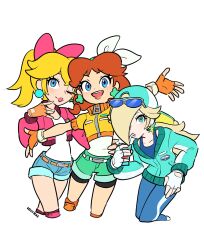 3girls aqua_eyes aqua_jacket aqua_shorts artist_name backwards_hat blonde_hair blue_eyes blue_jacket blue_leggings blue_shorts bow brown_hair cropped_jacket cropped_legs cup denim denim_shorts drinking_straw drinking_straw_in_mouth earrings eyewear_on_head fingerless_gloves flower_earrings gloves hair_bow hair_over_one_eye hat highres holding holding_cup jacket jewelry kellymae knee_pads leaning_forward leggings long_hair long_sleeves mario_(series) mario_kart mario_kart_world multiple_girls nintendo official_alternate_costume open_clothes open_jacket orange_gloves orange_jacket parted_bangs partially_open_jacket pink_bow pink_jacket ponytail princess_daisy princess_daisy_(touring) princess_peach princess_peach_(touring) rosalina rosalina_(touring) short_shorts short_twintails shorts smile sphere_earrings star_(symbol) star_earrings sunglasses twintails white_bow white_gloves white_undershirt zipper_pull_tab
