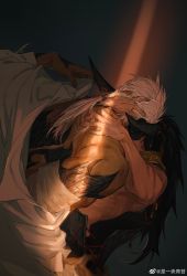 2boys absurdres back character_request couple dark dark-skinned_male dark_skin dragon_boy dragon_horns dragon_tail final_fantasy final_fantasy_xiv from_above hand_in_another&#039;s_hair hien_rijin highres horns implied_kiss interspecies kiss long_hair lying_on_person male_focus multiple_boys muscular muscular_male shiyikuaiqingtai_(weibo7279846390) single_bare_shoulder size_difference tail warrior_of_light_(ff14) watermark weibo_watermark yaoi