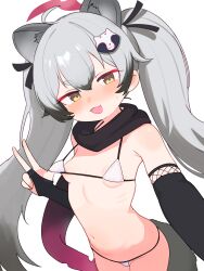 1girl :d absurdres ahoge animal_ears bikini black_scarf blue_archive breasts bridal_gauntlets green_hair grey_hair hair_ornament halo highres lk149 loli long_hair looking_at_viewer michiru_(blue_archive) open_mouth raccoon_ears raccoon_girl raccoon_hair_ornament raccoon_tail red_halo scarf selfie simple_background small_breasts smile solo standing swimsuit tail twintails w white_background white_bikini yellow_eyes