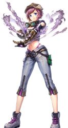1girl artist_request bad_source belt blue_eyes breasts cleavage full_body game_cg gas goggles goggles_around_neck highres navel official_art panties purple_panties shoes short_hair solo third-party_source tims_(unitia) transparent_background underwear unitia zipper