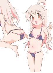1girl :d ahoge arm_behind_back ass bare_arms bare_legs bare_shoulders barefoot black_bra black_panties blush bra breasts brown_eyes butt_crack colored_inner_hair commentary frilled_bra frilled_panties frills groin hand_up highres lingerie long_hair looking_at_viewer multicolored_hair multiple_views navel onii-chan_wa_oshimai! open_mouth oyama_mahiro panties pink_hair riannn_desu simple_background small_breasts smile stomach two-tone_hair underwear underwear_only v wavy_mouth white_background