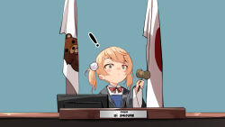 ! 1girl blush_stickers closed_mouth commentary english_commentary green_eyes hair_ornament hammer holding holding_hammer indie_virtual_youtuber japanese_flag judge pedobear pom_pom_(clothes) pom_pom_hair_ornament shigure_ui_(vtuber) shigure_ui_(vtuber)_(young) short_hair solo sydus twintails virtual_youtuber