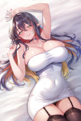 Rule 34 | 1girl, arm up, armpits, bare arms, bare shoulders, black choker, black garter straps, black hair, black panties, black thighhighs, blush, breasts, choker, cleavage, collarbone, colored inner hair, covered navel, crossed bangs, dress, elf, garter straps, green eyes, hair between eyes, highres, large breasts, long hair, looking at viewer, multicolored hair, original, panties, parted lips, pointy ears, red hair, sleeveless, sleeveless dress, smile, solo, streaked hair, studiopokotan, thighhighs, underwear, white dress
