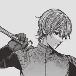 Rule 34 | 1boy, arima yusa, looking to the side, male focus, short hair, sword, tokyo ghoul, weapon, white background, white hair