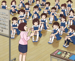 6+girls :d :o black_socks blue_skirt blush brown_hair commentary condom condom_packet_strip condom_wrapper doll gym hugging_own_legs indoors kiyo_(kyokyo1220) kneehighs knees_up multiple_girls open_mouth original panties photoshop_(medium) pink_shirt ponytail school_uniform sex_ed shirt shoes short_hair short_twintails sitting skirt smile socks surprised twintails underwear uwabaki white_panties white_socks