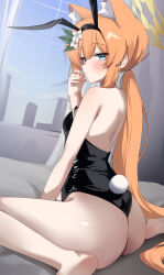 Rule 34 | 1girl, absurdres, alternate costume, alternate hairstyle, animal ear fluff, animal ear hairband, animal ears, ass, bare arms, bare back, bare legs, bare shoulders, barefoot, black hairband, black leotard, blue archive, blue eyes, blush, cat ears, cat girl, closed mouth, d (delt4), extra ears, fake animal ears, fake tail, flower, from behind, hair flower, hair ornament, hairband, halo, highleg, highleg leotard, highres, leotard, long hair, looking at viewer, low ponytail, mari (blue archive), orange hair, playboy bunny, ponytail, rabbit ear hairband, rabbit ears, rabbit tail, sitting, solo, strapless, strapless leotard, tail, wariza, white flower, yellow halo
