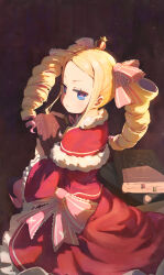 1girl absurdres beatrice_(re:zero) blonde_hair blue_eyes book bookmark butterfly-shaped_pupils capelet crown dress drill_hair fur_trim hair_ribbon highres holding holding_book kinn_(kinn70133) long_hair long_sleeves looking_at_viewer mini_crown re:zero_kara_hajimeru_isekai_seikatsu ribbon sidelocks solo symbol-shaped_pupils twin_drills