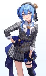1girl :p absurdres akabino ascot back_bow belt wallet_chain beret black_gloves black_thighhighs blue_ascot blue_belt blue_bow blue_choker blue_eyes blue_hair bow bracelet buttons choker collared_shirt commentary_request crown double-breasted feet_out_of_frame frilled_skirt frills gloves grey_hat grey_jacket grey_skirt hair_between_eyes hand_on_own_hip hat highres holding holding_microphone hololive hoshimachi_suisei hoshimachi_suisei_(1st_costume) jacket jewelry leaning_forward long_hair long_sleeves looking_at_viewer microphone mini_crown miniskirt partially_fingerless_gloves plaid_clothes plaid_hat plaid_jacket plaid_skirt pleated_skirt ribbon shirt side_ponytail sidelocks simple_background single_thighhigh skirt skirt_set sleeve_cuffs three-quarter_sleeves solo star_(symbol) star_bracelet star_choker star_in_eye symbol_in_eye thigh_strap thighhighs tilted_headwear tongue tongue_out virtual_youtuber waist_bow white_background white_shirt