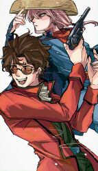 Rule 34 | 1boy, 1girl, absurdres, blue kimono, brown hair, coat, commentary request, gintama, gun, handgun, hat, highres, holding, holding gun, holding weapon, japanese clothes, kimono, long hair, long sleeves, looking to the side, mgmg tbtb2323, mutsu (gintama), open mouth, pink hair, popped collar, red coat, red eyes, revolver, sakamoto tatsuma, short hair, smile, straw hat, sunglasses, weapon, white background