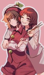 2girls annoyed arm_on_another&#039;s_shoulder black_shirt blush brown_eyes brown_hair buttons closed_mouth collared_shirt collared_vest commentary commission cowboy_shot crossed_arms drumsticks english_commentary fingernails frills hair_between_eyes hand_up hat hat_ornament highres holding holding_drumsticks horikawa_raiko jacket konoha217 lapels long_fingernails long_sleeves looking_at_another looking_at_viewer lyrica_prismriver multiple_girls nail_polish necktie one_eye_closed open_clothes open_jacket open_mouth pink_background pink_nails puffy_long_sleeves puffy_sleeves red_eyes red_hair red_hat red_necktie red_shorts red_vest shirt short_hair shorts simple_background skirt smile standing star_(symbol) star_hat_ornament teeth touhou v vest white_jacket white_shirt white_skirt