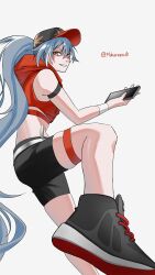 1girl absurdres air_jordan artist_name baseball_cap black_hair black_shoes hat herrscher_of_sentience highres holding holding_phone honkai_(series) honkai_impact_3rd jacket long_hair looking_at_viewer makareem midriff phone red_eyes red_jacket shoes simple_background sleeveless sleeveless_jacket solo thigh_strap v-shaped_eyebrows very_long_hair white_background