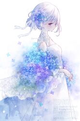 1girl blue_flower breasts cowboy_shot dress flower from_side ginniroya hair_flower hair_ornament hair_ribbon highres hydrangea original ribbon short_hair small_breasts standing wedding_dress white_background white_dress white_hair