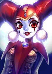 1girl chrono_cross commentary english_commentary harle_(chrono_cross) harlequin hat jester jester_cap jewelry koi_drake lips looking_at_viewer makeup metal_bra moon moonlight parted_lips pom_pom_(clothes) red_eyes red_hat red_lips solo teardrop_facial_mark