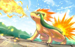 :o blurry breath_weapon breathing_fire cloud commentary_request creatures_(company) day fire from_below game_freak gen_2_pokemon kaosu_(kaosu0905) nintendo no_humans open_mouth outdoors pokemon pokemon_(creature) quilava red_eyes signature sky solo tongue