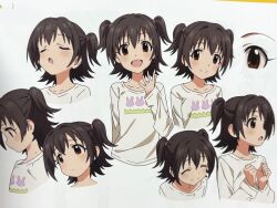 1girl absurdres akagi_miria blush brown_eyes brown_hair child closed_eyes closed_mouth commentary_request dot_nose flat_chest grey_background hair_between_eyes highres horoheru idolmaster idolmaster_cinderella_girls light_smile long_sleeves multiple_views open_mouth shirt short_hair simple_background solo_focus split_mouth twintails upper_body white_shirt