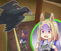 Rule 34 | 2girls, alternate costume, animal ears, bird, blonde hair, brown hair, commentary, controller, cosplay, crow, dropping, empty eyes, feathers, forehead, game controller, glowing, glowing eyes, gun, horse ears, horse girl, horse tail, jill valentine, jill valentine (cosplay), matikane tannhauser (umamusume), medium hair, multiple girls, narita top road (umamusume), ooishi oil, open mouth, pants, playing games, red eyes, resident evil, resident evil 1, scared, scene reference, school uniform, shotgun, tail, tracen school uniform, umamusume, weapon