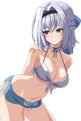 1girl arms_behind_back assault_lily bare_arms bare_shoulders bikini bikini_under_clothes black_hairband blue_bow blue_eyes blue_ribbon blue_shorts blush bow braid breasts choker closed_mouth collarbone commentary_request cowboy_shot cross-laced_bikini cross-laced_clothes cross-laced_shorts cross-laced_slit front-tie_bikini_top front-tie_top grey_bikini grey_choker grey_hair hair_between_eyes hair_bow hair_intakes hairband half_up_braid halterneck heterochromia leaning_forward looking_ahead looking_to_the_side medium_breasts mototenn navel neck_ribbon official_alternate_costume open_clothes open_shorts pink_eyes ribbon ribbon_choker short_hair short_shorts shorts shoulder_tattoo side_slit side_slit_shorts simple_background solo standing stomach striped_bow swimsuit tattoo torii_miho white_background