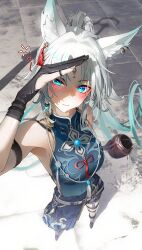 Rule 34 | 1girl, absurdres, animal ear fluff, animal ear piercing, animal ears, bare shoulders, belt, breasts, drunk, eyeliner, feixiao (honkai: star rail), forehead jewel, fox ears, fox girl, gloves, green eyes, high ponytail, highres, holding, honkai: star rail, honkai (series), jelmul, jewelry, large breasts, long hair, looking at viewer, makeup, parted bangs, ponytail, red eyeliner, shirt, solo, very long hair, white belt, white hair