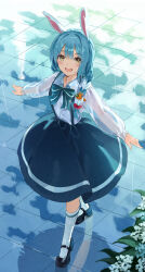 1girl alternate_costume animal_ears black_shoes blue_hair blue_skirt brown_eyes commentary_request full_body highres hololive loafers long_hair looking_at_viewer looking_up low-braided_long_hair low-tied_long_hair open_mouth outstretched_arms pozi rabbit_ears rain reflection see-through_clothes see-through_sleeves shirt shoes skirt smile socks solo standing usada_pekora virtual_youtuber white_shirt white_socks