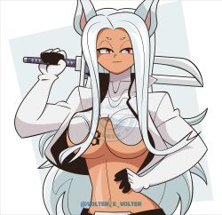 1girl artist_name bleach boku_no_hero_academia breast_tattoo breasts cropped_jacket dark-skinned_female dark_skin female_focus hand_on_own_hip highres holding holding_sword holding_weapon mirko number_tattoo rabbit_ears red_eyes simple_background sword tattoo tier_harribel tier_harribel_(cosplay) underboob volter_x_volter weapon white_hair