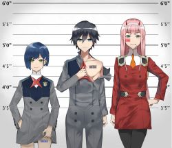10s 1boy 1girl 2girls barcode barcode_tattoo black_hair black_pantyhose blue-framed_eyewear blue_eyes blue_hair candy collarbone couple darling_in_the_franxx eyes_visible_through_hair food green_eyes hair_between_eyes hair_ornament hairband hairclip hand_in_pocket hand_on_own_hip height_chart highres hiro_(darling_in_the_franxx) horns ichigo_(darling_in_the_franxx) in_mouth kaz_(kaazzz0416) lifting_own_clothes lineup lollipop long_hair looking_at_viewer military military_uniform mugshot multiple_girls necktie oni_horns orange_neckwear pantyhose pink_hair red_horns red_neckwear short_hair smile smirk tattoo white_hairband zero_two_(darling_in_the_franxx)