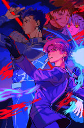 Rule 34 | 2girls, 3boys, absurdres, angra mainyu (fate), bazett fraga mcremitz, black gloves, blue hair, brown eyes, brown hair, caren hortensia, commentary request, covered abs, cu chulainn (fate), cu chulainn (fate/stay night), earrings, erk (okra ecory), fate/hollow ataraxia, fate (series), father and daughter, gloves, headband, highres, jacket, jewelry, kotomine kirei, long hair, mole, mole under eye, multiple boys, multiple girls, pectorals, ponytail, purple eyes, purple hair, red eyes, red headband, short hair, white hair, yellow eyes