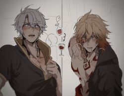 2boys absurdres blue_eyes blush drooling drunk ggtnnk grey_hair highres honkai:_star_rail honkai_(series) male_focus medium_hair multiple_boys muscular muscular_male mydei_(honkai:_star_rail) open_mouth orange_hair phainon_(honkai:_star_rail) red_tattoo short_hair teeth upper_body yellow_eyes