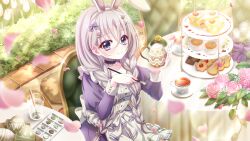1girl alternate_hairstyle animal_ear_hairband animal_ears blurry blurry_foreground blush bow braid cake checkerboard_cookie closed_mouth collarbone cookie cup cupcake dress drinking_glass easter easter_egg egg fake_animal_ears falling_petals film_grain flower food from_above game_cg grey_hair hair_between_eyes hair_bow hair_ornament hairband hairclip holding holding_paintbrush izumi_tsubasu lens_flare long_hair long_sleeves looking_at_viewer low-tied_long_hair low_twin_braids neck_garter non-web_source official_art on_chair paintbrush painting_(action) petals pinafore_dress pink_flower pink_petals pink_rose purple_bow purple_dress purple_eyes rabbit_ear_hairband rabbit_ears re:stage! rose round_table sakura_miu saucer sitting sleeveless sleeveless_dress smile solo sparkle stone_walkway strawberry_cake striped_bow sunlight table tablecloth tea teacup tiered_tray tulip twin_braids white_flower white_tulip