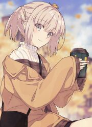 1girl bag blurry blurry_background cup disposable_coffee_cup disposable_cup earrings eyes_visible_through_hair fate/grand_order fate_(series) grey_eyes grey_hair hair_between_eyes handbag highres holding holding_cup jewelry leaf long_sleeves looking_at_viewer okita_souji_(fate) okita_souji_(koha-ace) outdoors ponytail saipaco sitting solo