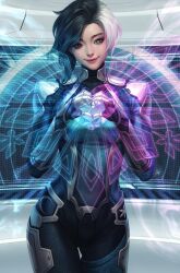 Rule 34 | 1girl, arm guards, armor, black hair, bodysuit, heart, heart hands, heterochromia, highres, indoors, looking at viewer, luna snow, marvel, multicolored hair, shoulder armor, smile, solo, standing, stanley lau, thigh armor, white hair